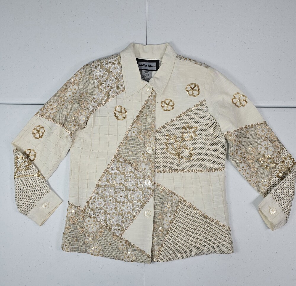 Vintage INDIGO MOON CREAM/TAN SEQUINS/Embroidered Shacket/Shirt Jacket 90s